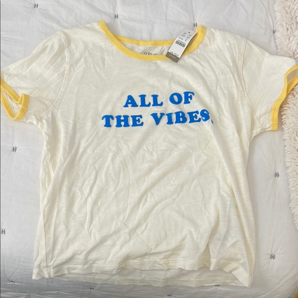 Cream and Yellow Short Sleeve Tee with Blue Print